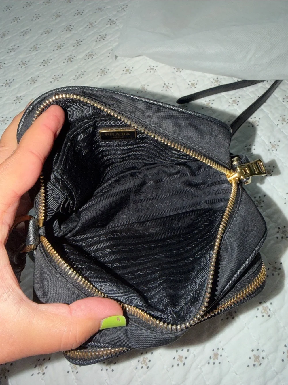 Authentic Prada Mini Nylon Vela Saffiano Double Zip  CrossBody Bag